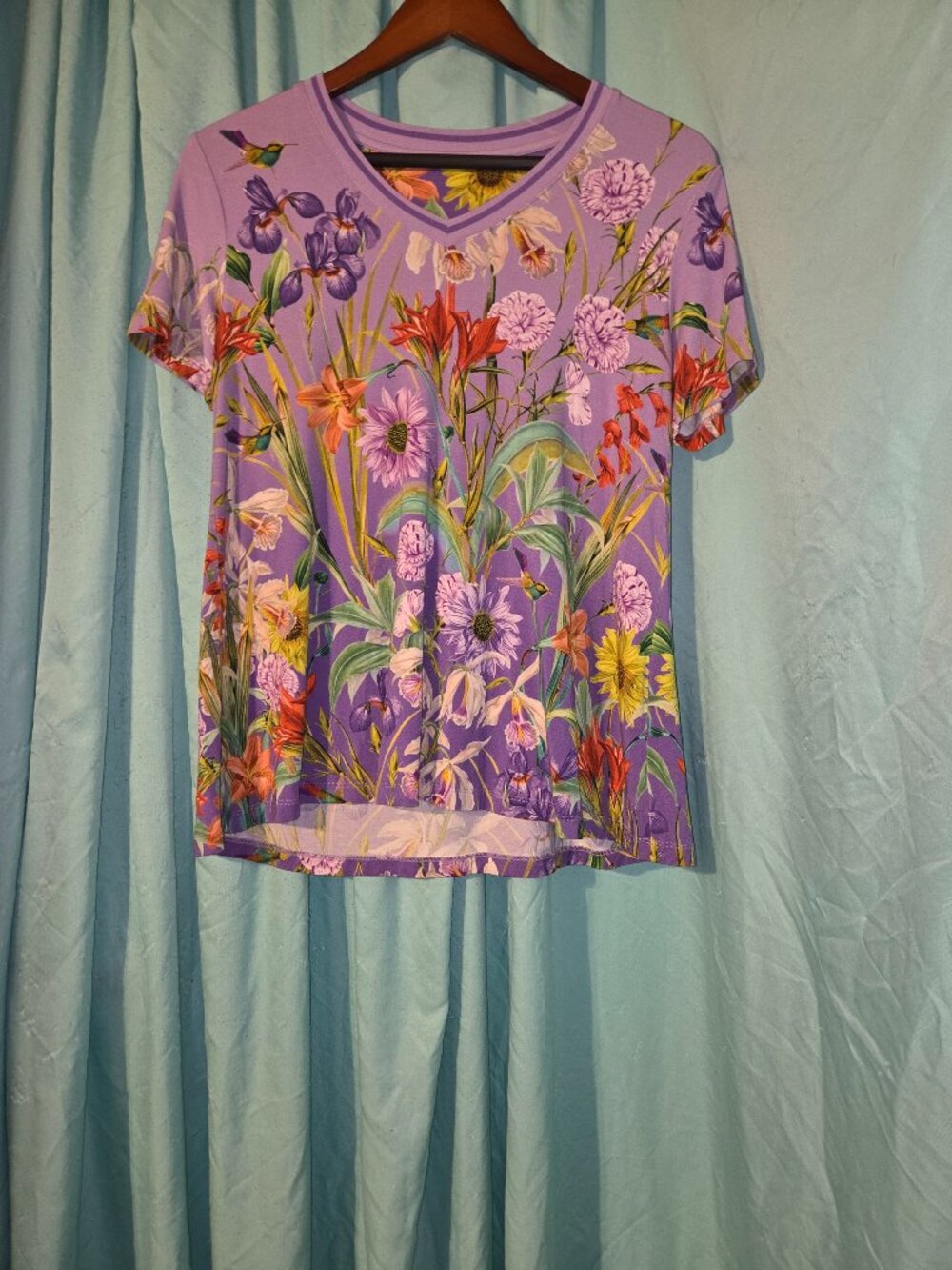 Johnny Was Lavender Floral V-Neck Tee with Multicolor Garden Print